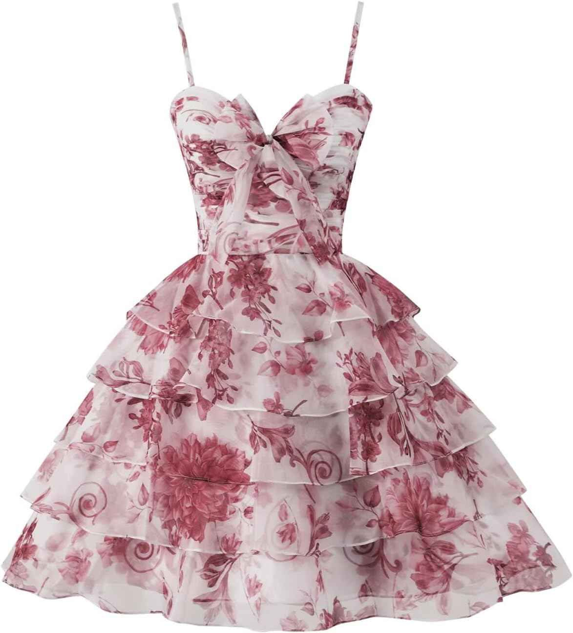 Tiered Ruffles Short Homecoming Dresses with Bow Corset Floral Print Mini Cocktail Party Gown - Bmbride