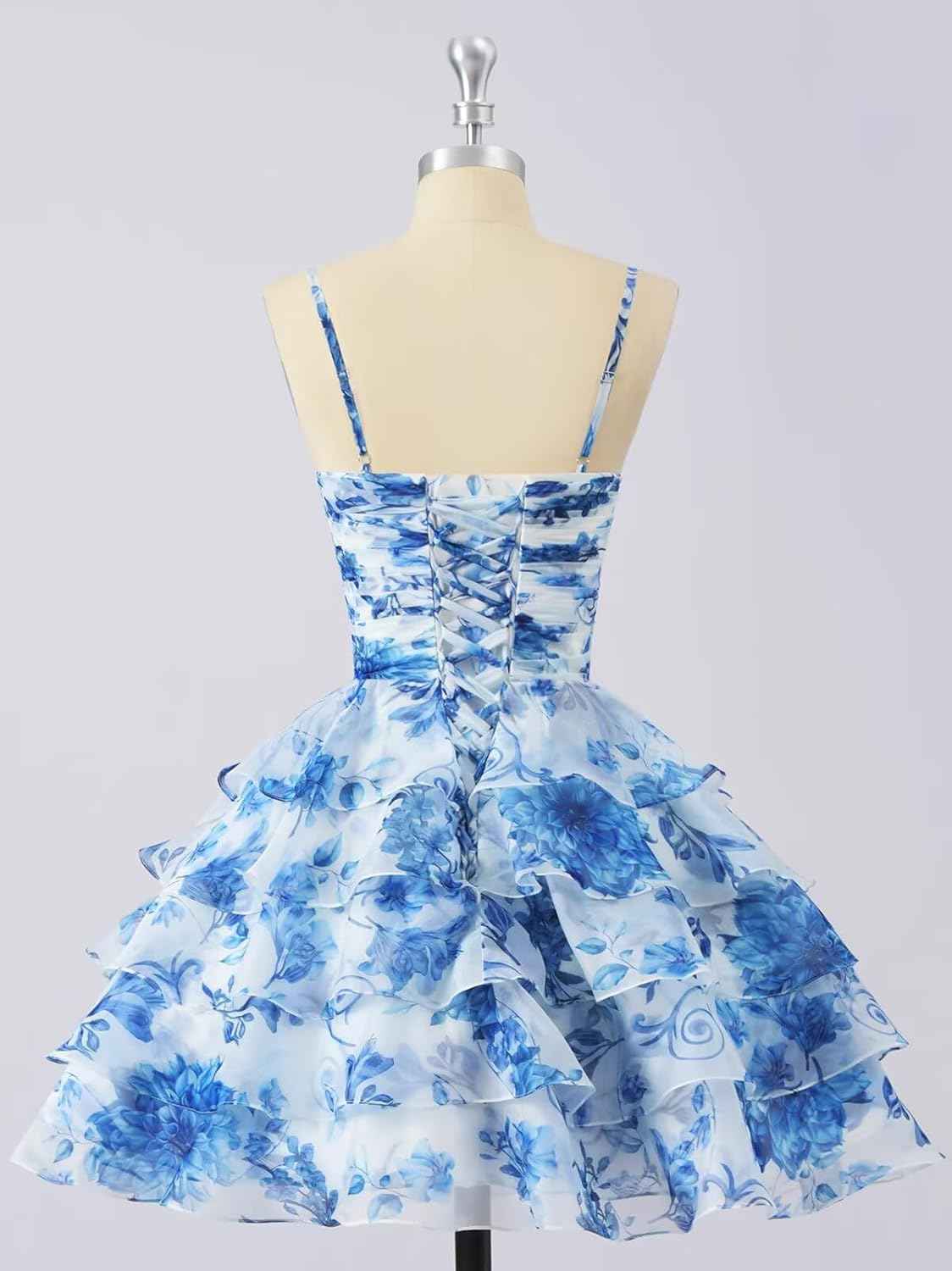 Tiered Ruffles Short Homecoming Dresses with Bow Corset Floral Print Mini Cocktail Party Gown - Bmbride