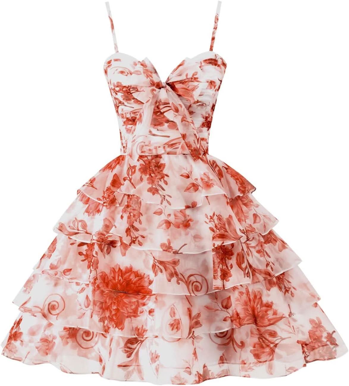Tiered Ruffles Short Homecoming Dresses with Bow Corset Floral Print Mini Cocktail Party Gown - Bmbride
