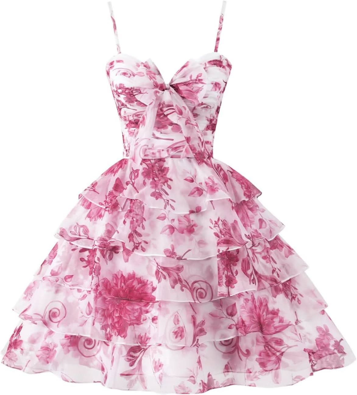 Tiered Ruffles Short Homecoming Dresses with Bow Corset Floral Print Mini Cocktail Party Gown - Bmbride