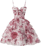 Tiered Ruffles Short Homecoming Dresses with Bow Corset Floral Print Mini Cocktail Party Gown - Bmbride