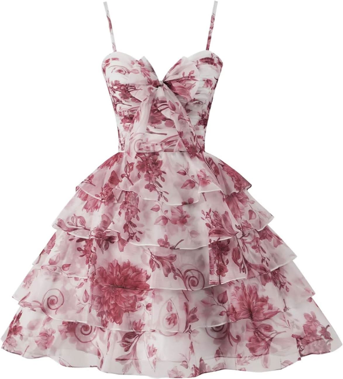 Tiered Ruffles Short Homecoming Dresses with Bow Corset Floral Print Mini Cocktail Party Gown - Bmbride