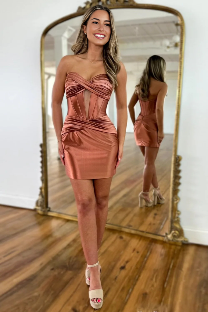 Red Strapless Keyhole Ruched Satin Sheath Short Homecoming Dress BM bride