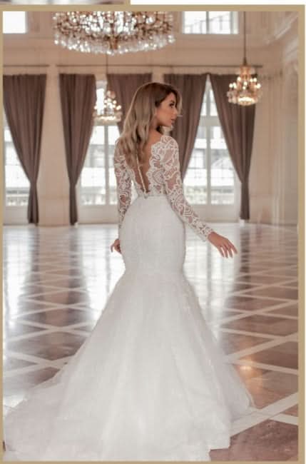 BMbride Trendy Long Sleeves V-Neck Mermaid Wedding Dress with Chapel Train BMbride