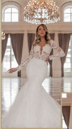 BMbride Trendy Long Sleeves V-Neck Mermaid Wedding Dress with Chapel Train BMbride