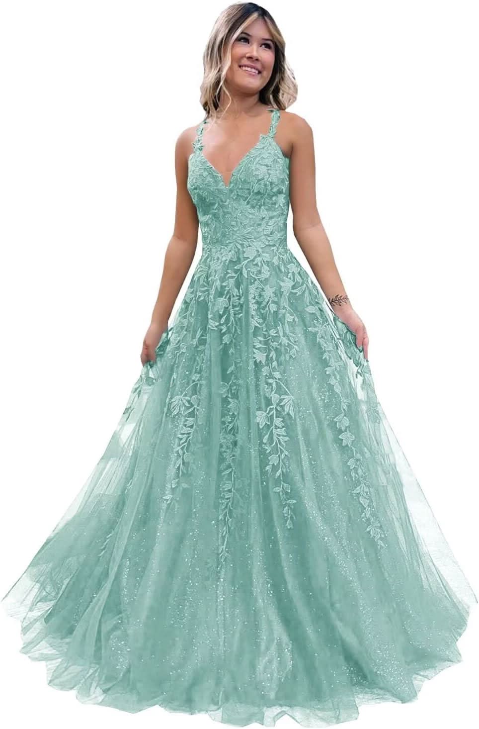 Tulle Lace Appliques Sparkly Prom Dresses A Line with Slit V Neck Formal Party Dress - Bmbride