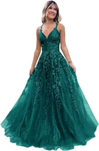 Tulle Lace Appliques Sparkly Prom Dresses A Line with Slit V Neck Formal Party Dress - Bmbride