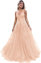 Tulle Lace Appliques Sparkly Prom Dresses A Line with Slit V Neck Formal Party Dress - Bmbride