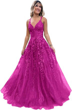 Tulle Lace Appliques Sparkly Prom Dresses A Line with Slit V Neck Formal Party Dress - Bmbride
