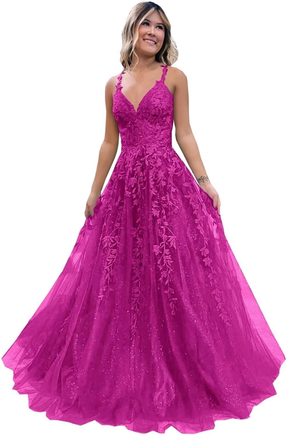 Tulle Lace Appliques Sparkly Prom Dresses A Line with Slit V Neck Formal Party Dress - Bmbride
