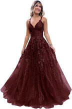 Tulle Lace Appliques Sparkly Prom Dresses A Line with Slit V Neck Formal Party Dress - Bmbride