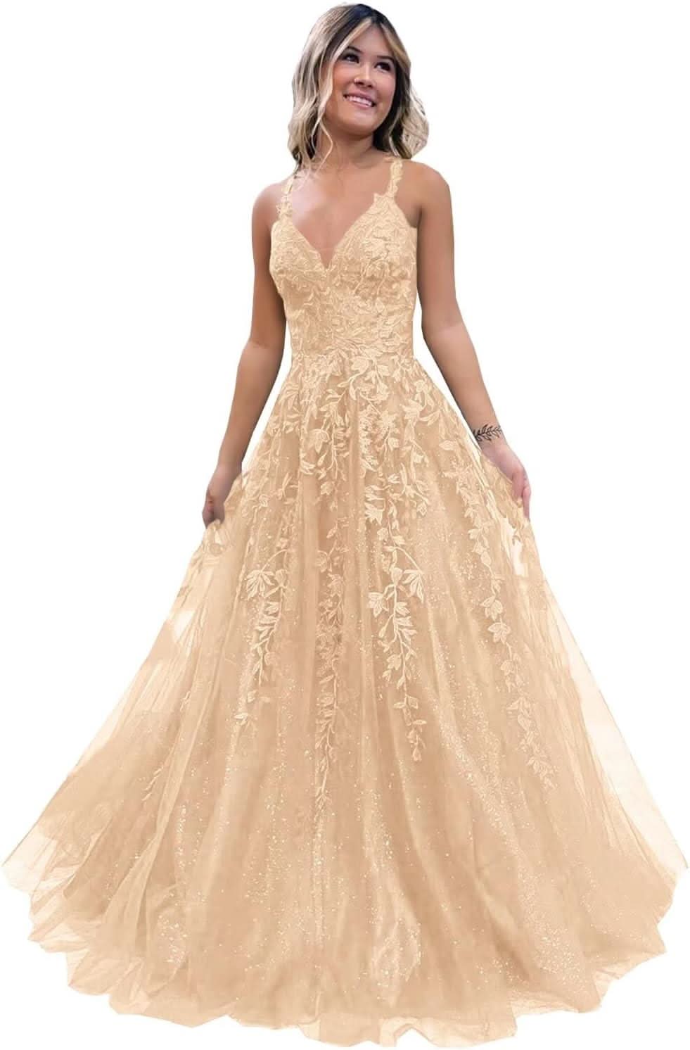 Tulle Lace Appliques Sparkly Prom Dresses A Line with Slit V Neck Formal Party Dress - Bmbride