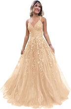 Tulle Lace Appliques Sparkly Prom Dresses A Line with Slit V Neck Formal Party Dress - Bmbride