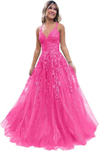 Tulle Lace Appliques Sparkly Prom Dresses A Line with Slit V Neck Formal Party Dress - Bmbride