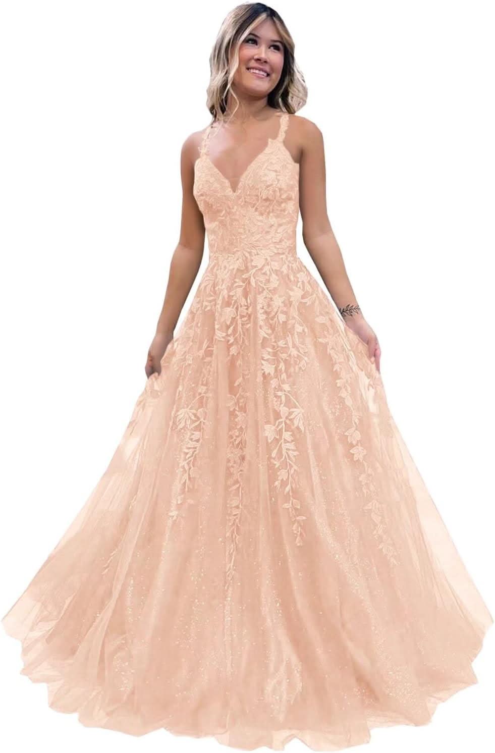Tulle Lace Appliques Sparkly Prom Dresses A Line with Slit V Neck Formal Party Dress - Bmbride