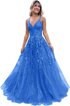 Tulle Lace Appliques Sparkly Prom Dresses A Line with Slit V Neck Formal Party Dress - Bmbride