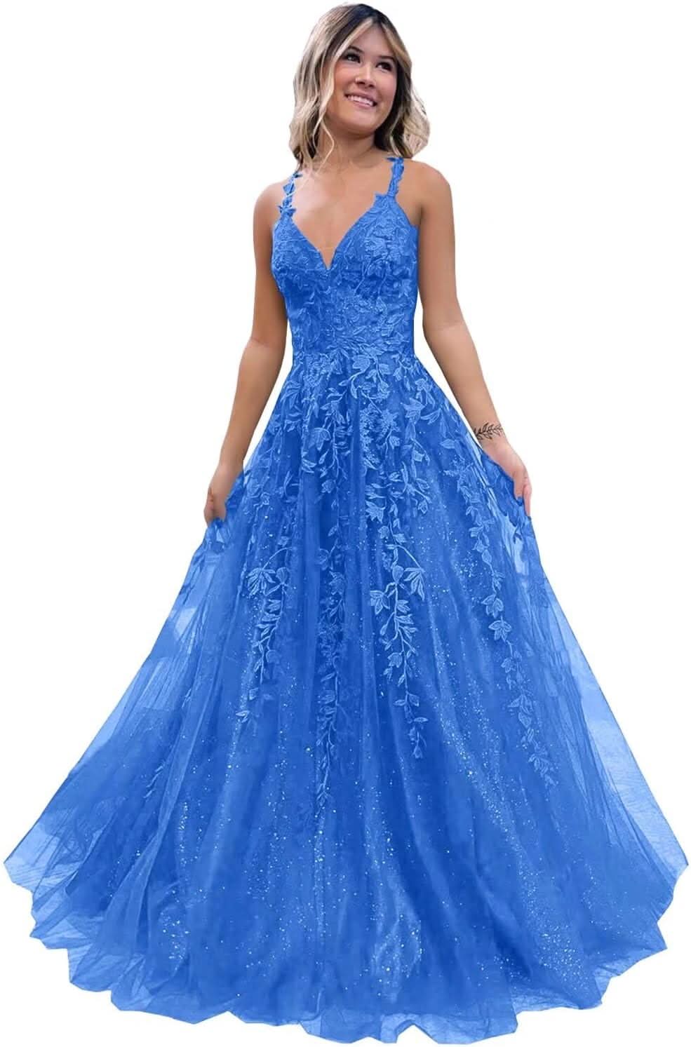 Tulle Lace Appliques Sparkly Prom Dresses A Line with Slit V Neck Formal Party Dress - Bmbride