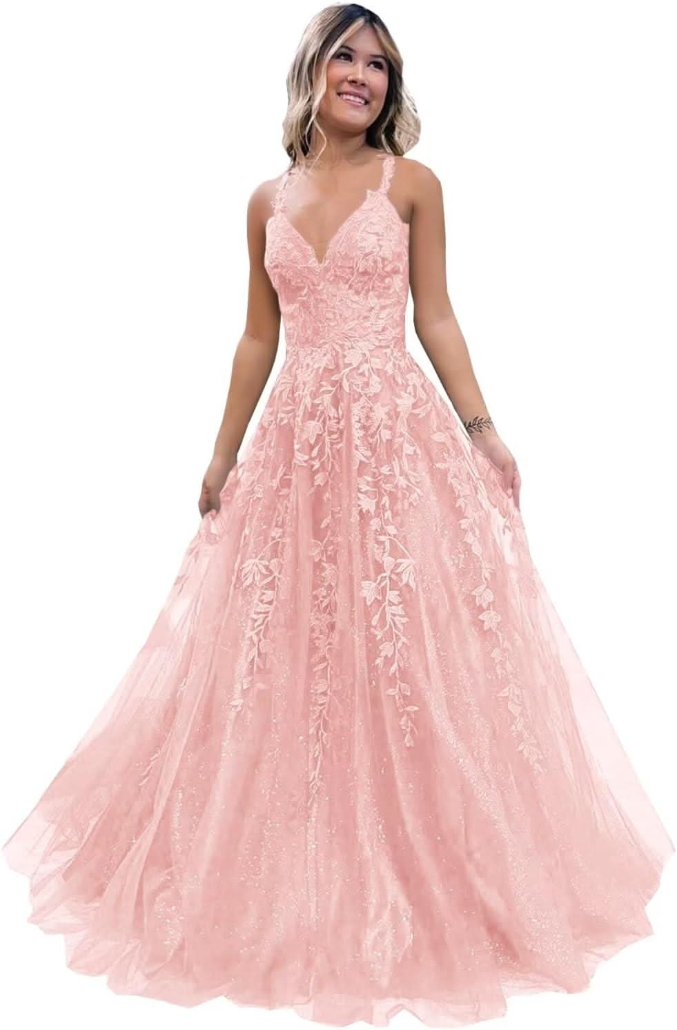 Tulle Lace Appliques Sparkly Prom Dresses A Line with Slit V Neck Formal Party Dress - Bmbride