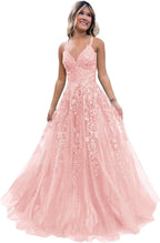Tulle Lace Appliques Sparkly Prom Dresses A Line with Slit V Neck Formal Party Dress - Bmbride