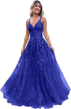 Tulle Lace Appliques Sparkly Prom Dresses A Line with Slit V Neck Formal Party Dress - Bmbride