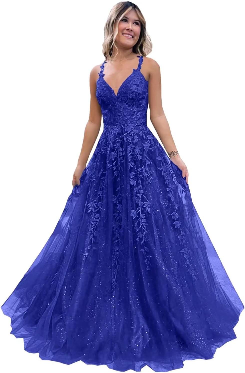 Tulle Lace Appliques Sparkly Prom Dresses A Line with Slit V Neck Formal Party Dress - Bmbride
