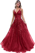 Tulle Lace Appliques Sparkly Prom Dresses A Line with Slit V Neck Formal Party Dress - Bmbride