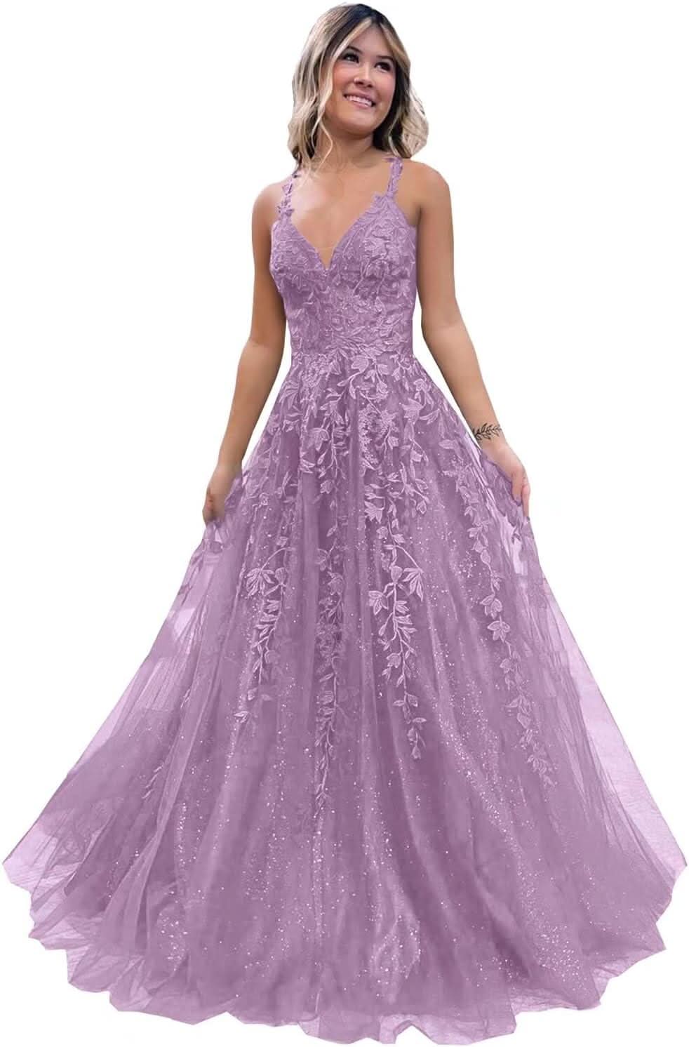 Tulle Lace Appliques Sparkly Prom Dresses A Line with Slit V Neck Formal Party Dress - Bmbride