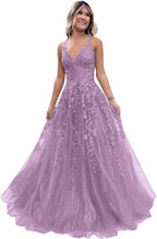 Tulle Lace Appliques Sparkly Prom Dresses A Line with Slit V Neck Formal Party Dress - Bmbride