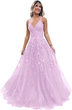 Tulle Lace Appliques Sparkly Prom Dresses A Line with Slit V Neck Formal Party Dress - Bmbride