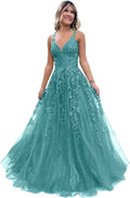 Tulle Lace Appliques Sparkly Prom Dresses A Line with Slit V Neck Formal Party Dress BM