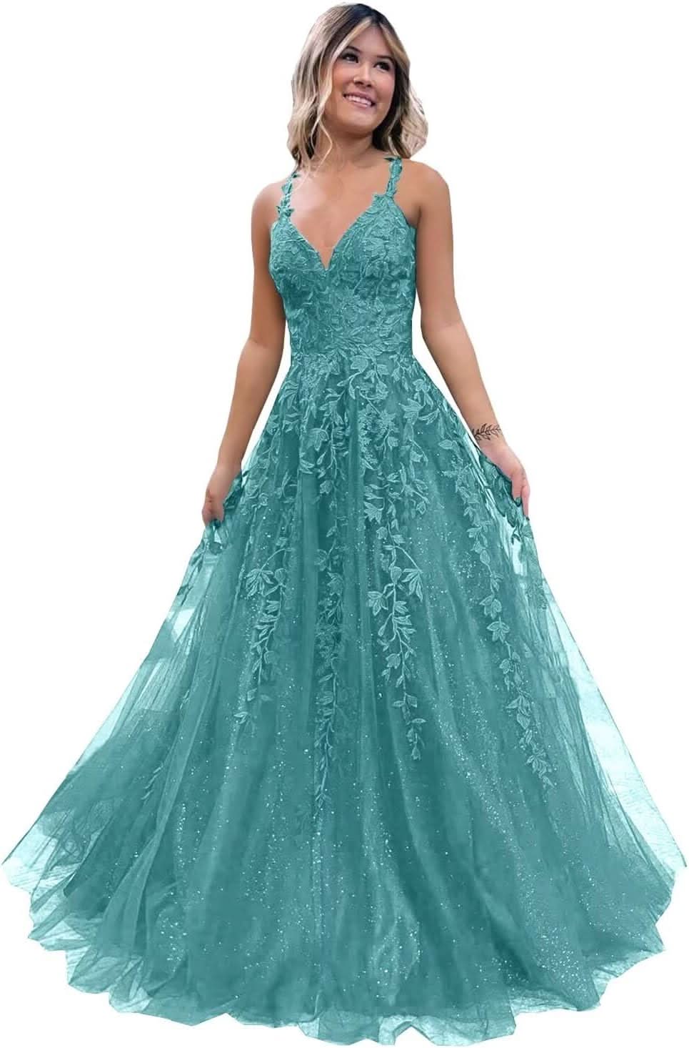 Tulle Lace Appliques Sparkly Prom Dresses A Line with Slit V Neck Formal Party Dress - Bmbride