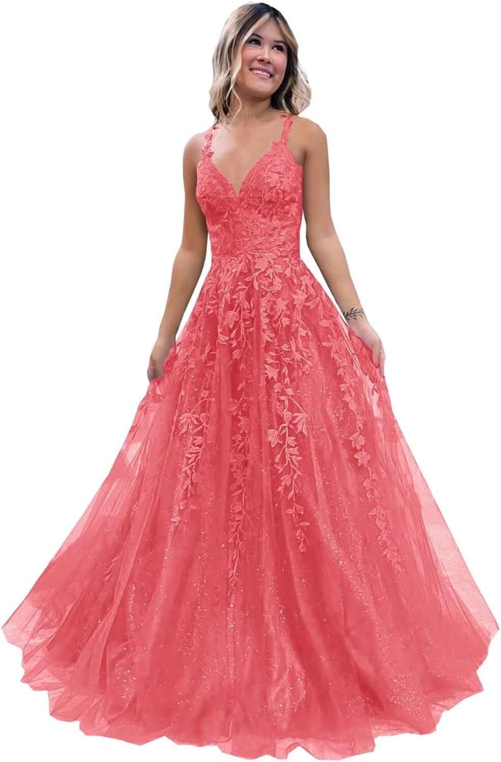Tulle Lace Appliques Sparkly Prom Dresses A Line with Slit V Neck Formal Party Dress - Bmbride