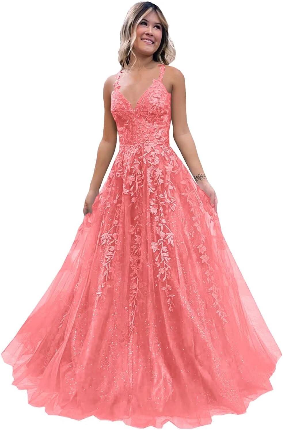 Tulle Lace Appliques Sparkly Prom Dresses A Line with Slit V Neck Formal Party Dress - Bmbride