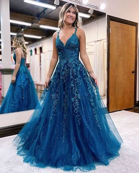 Tulle Lace Appliques Sparkly Prom Dresses A Line with Slit V Neck Formal Party Dress - Bmbride