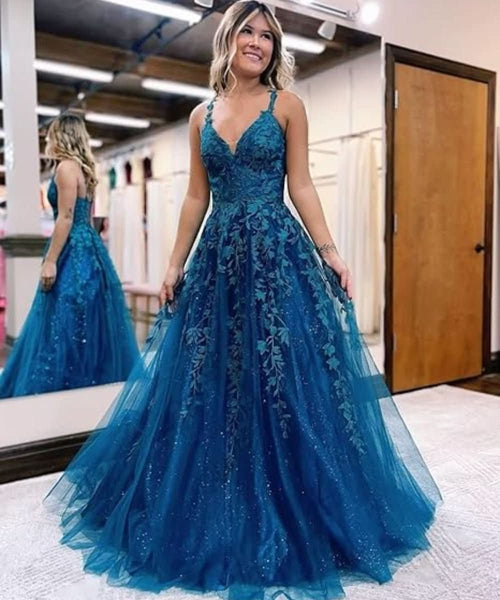 Tulle Lace Appliques Sparkly Prom Dresses A Line with Slit V Neck Formal Party Dress BM