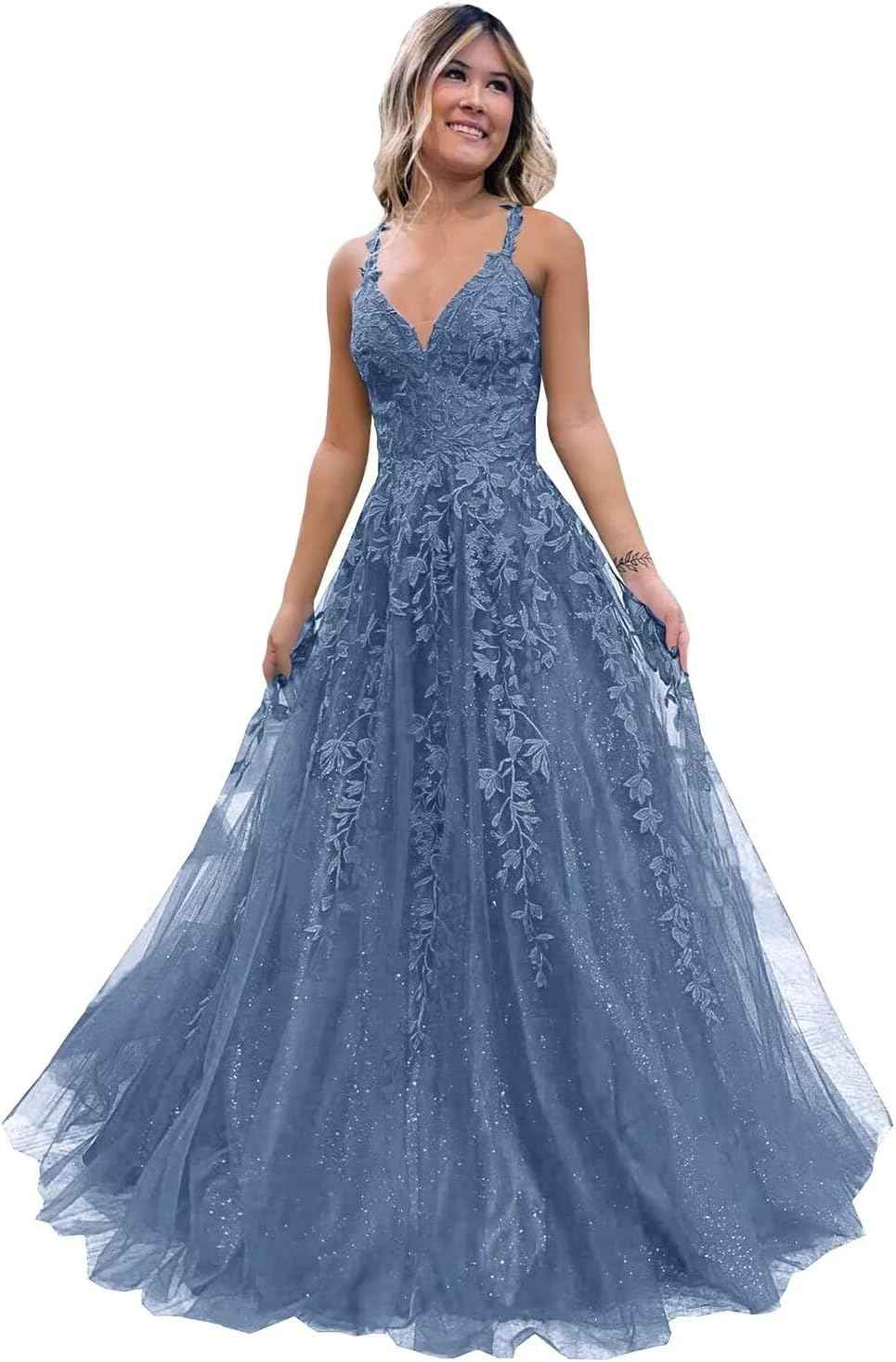 Tulle Lace Appliques Sparkly Prom Dresses A Line with Slit V Neck Formal Party Dress - Bmbride
