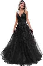 Tulle Lace Appliques Sparkly Prom Dresses A Line with Slit V Neck Formal Party Dress - Bmbride