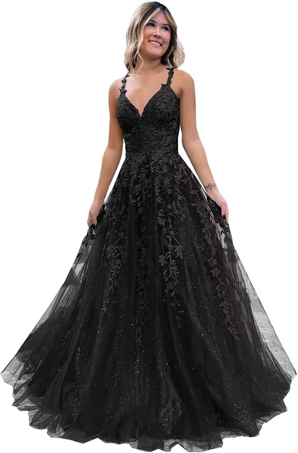 Tulle Lace Appliques Sparkly Prom Dresses A Line with Slit V Neck Formal Party Dress - Bmbride