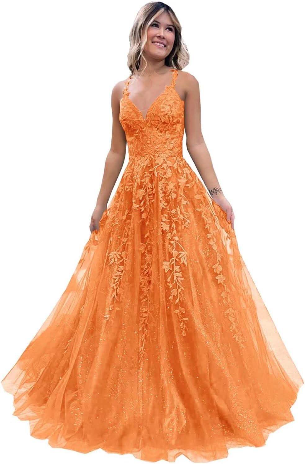 Tulle Lace Appliques Sparkly Prom Dresses A Line with Slit V Neck Formal Party Dress - Bmbride