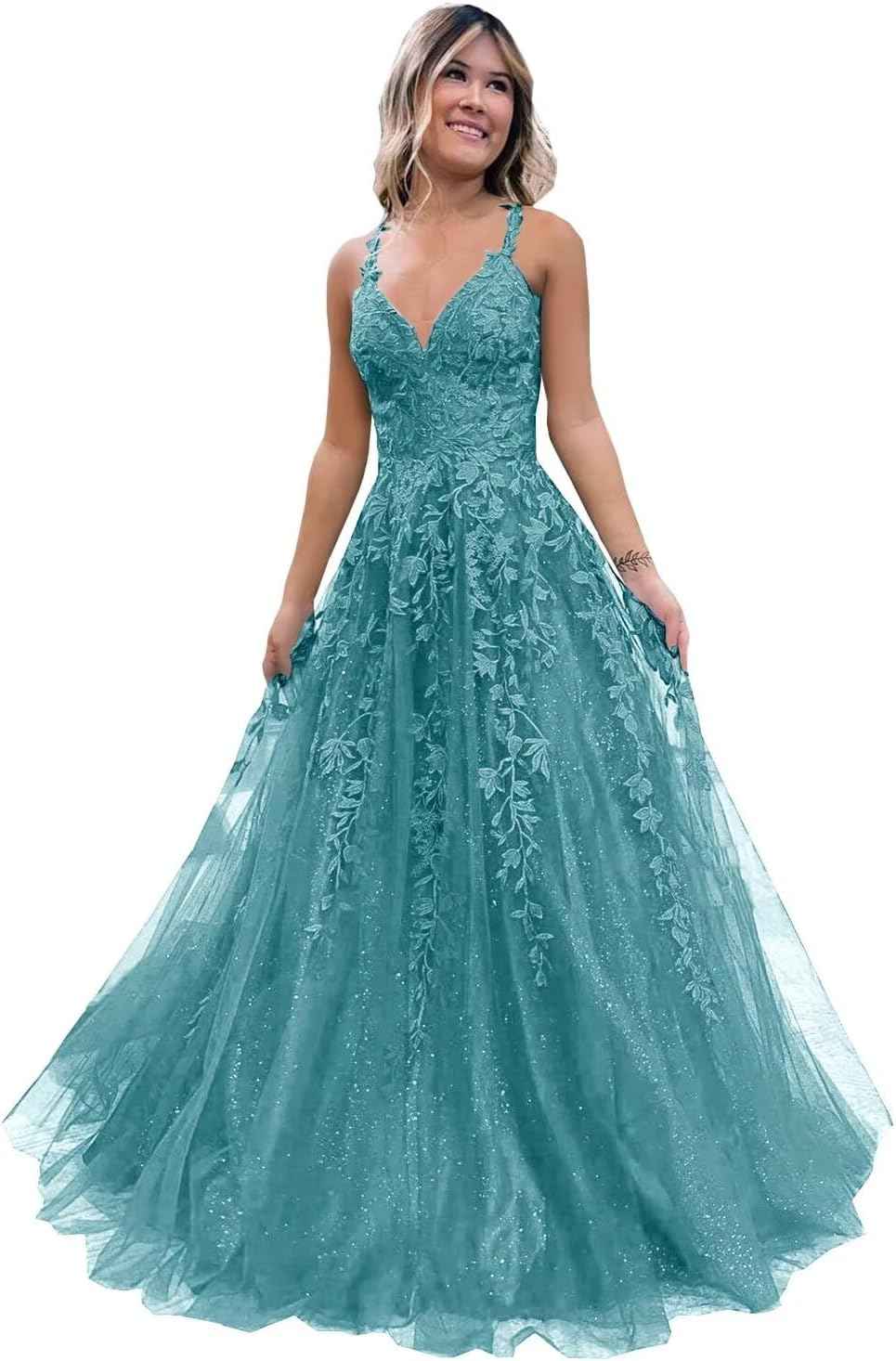 Tulle Lace Appliques Sparkly Prom Dresses A Line with Slit V Neck Formal Party Dress - Bmbride