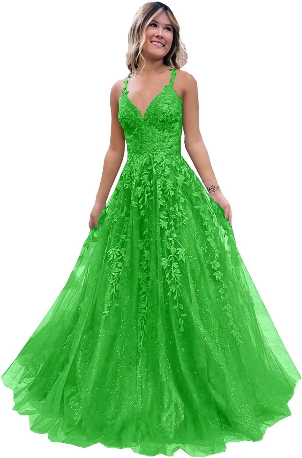 Tulle Lace Appliques Sparkly Prom Dresses A Line with Slit V Neck Formal Party Dress - Bmbride