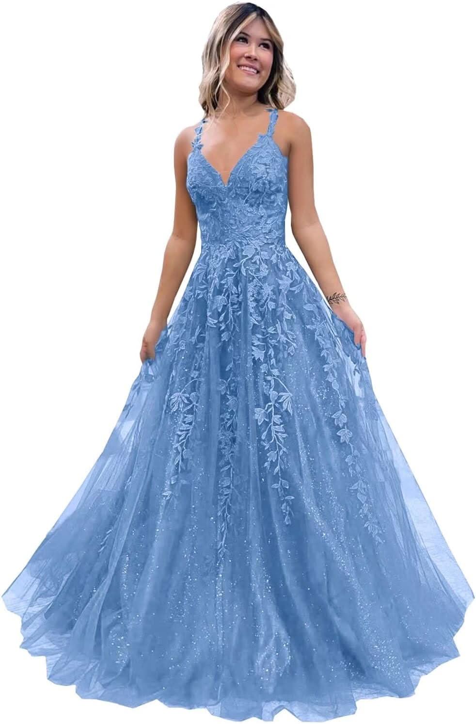 Tulle Lace Appliques Sparkly Prom Dresses A Line with Slit V Neck Formal Party Dress - Bmbride