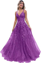 Tulle Lace Appliques Sparkly Prom Dresses A Line with Slit V Neck Formal Party Dress - Bmbride