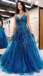 Tulle Lace Appliques Sparkly Prom Dresses A Line with Slit V Neck Formal Party Dress - Bmbride