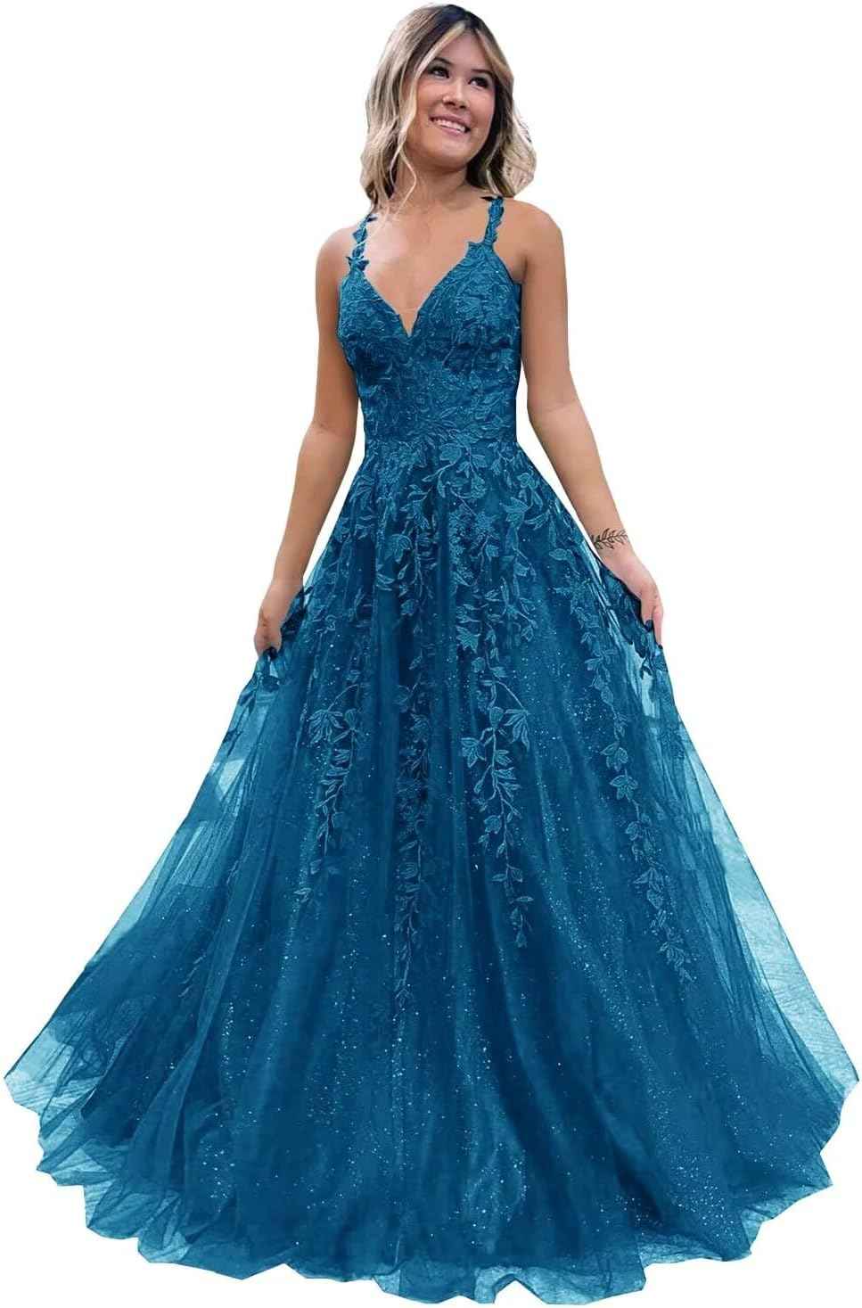 Tulle Lace Appliques Sparkly Prom Dresses A Line with Slit V Neck Formal Party Dress - Bmbride