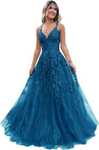 Tulle Lace Appliques Sparkly Prom Dresses A Line with Slit V Neck Formal Party Dress - Bmbride