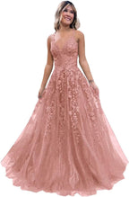 Tulle Lace Appliques Sparkly Prom Dresses A Line with Slit V Neck Formal Party Dress - Bmbride