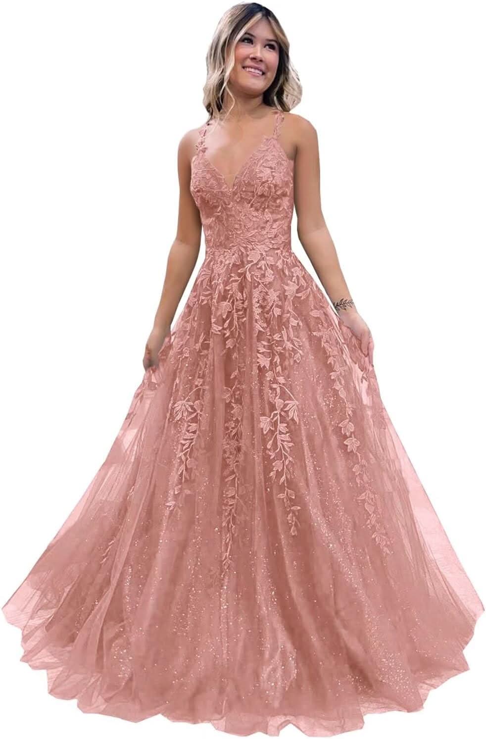 Tulle Lace Appliques Sparkly Prom Dresses A Line with Slit V Neck Formal Party Dress - Bmbride