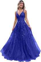 Tulle Lace Appliques Sparkly Prom Dresses A Line with Slit V Neck Formal Party Dress - Bmbride