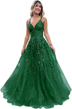 Tulle Lace Appliques Sparkly Prom Dresses A Line with Slit V Neck Formal Party Dress - Bmbride